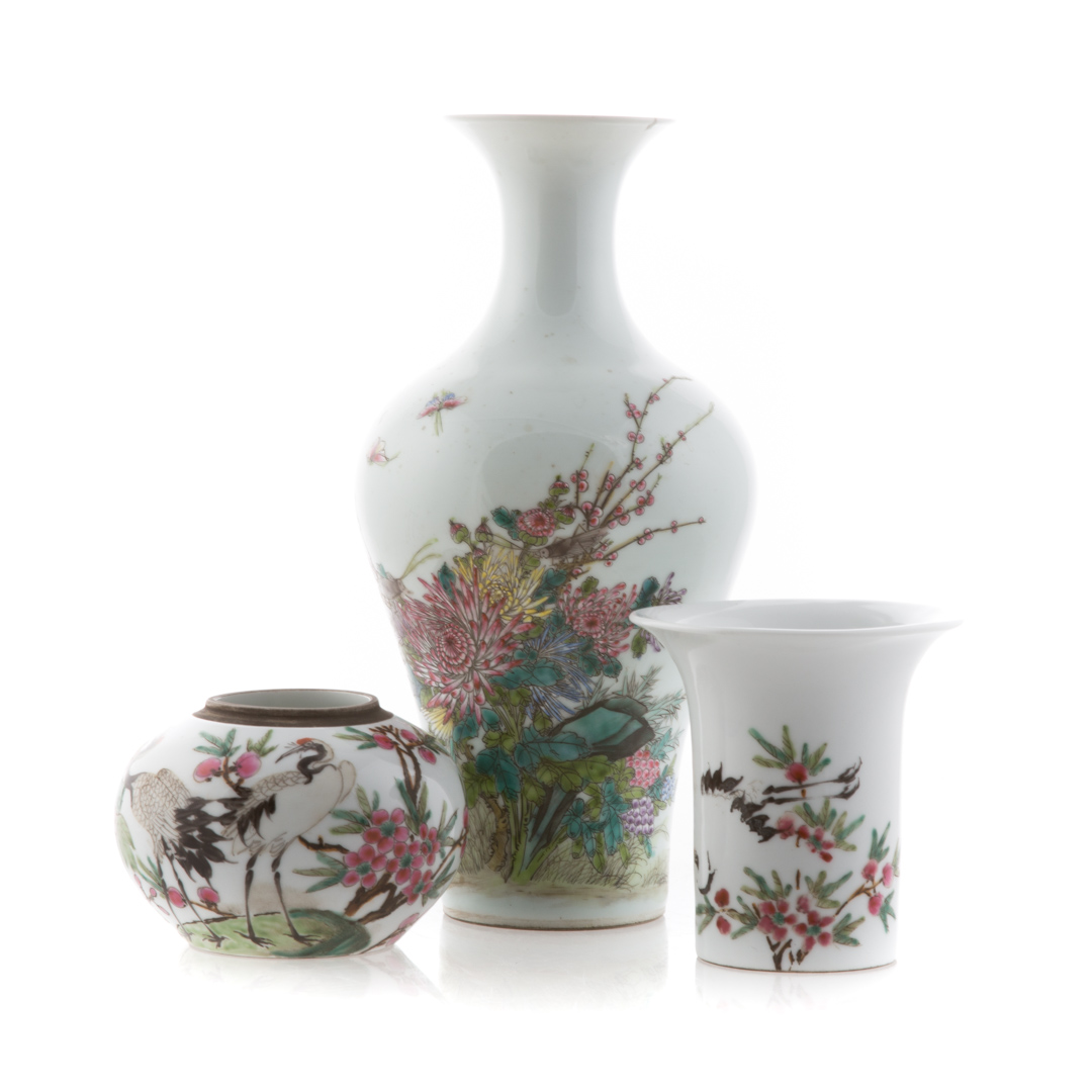 Appraisal: Three Chinese Famille Rose porcelain vases including beaker vase with