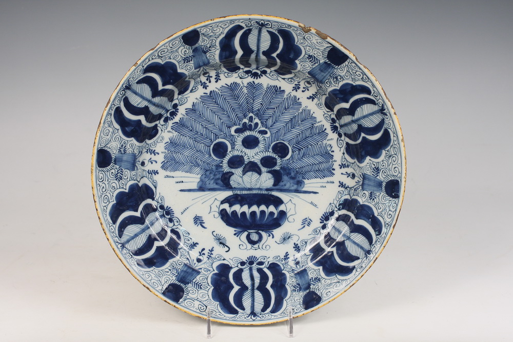 Appraisal: DELFT CHARGER - th c Blue White Dutch Delft 'Peacock'