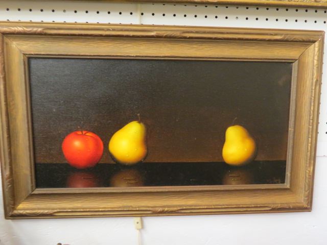 Appraisal: A Jackson oil still lifewith pearls apple on canvas image