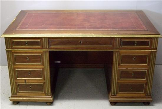 Appraisal: th century style French mahogany and brass inlaid pedestal desk