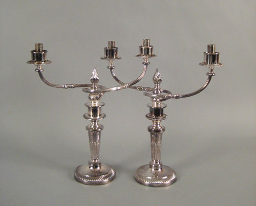 Appraisal: Pair of Sheffield plate double arm candelabra th c h