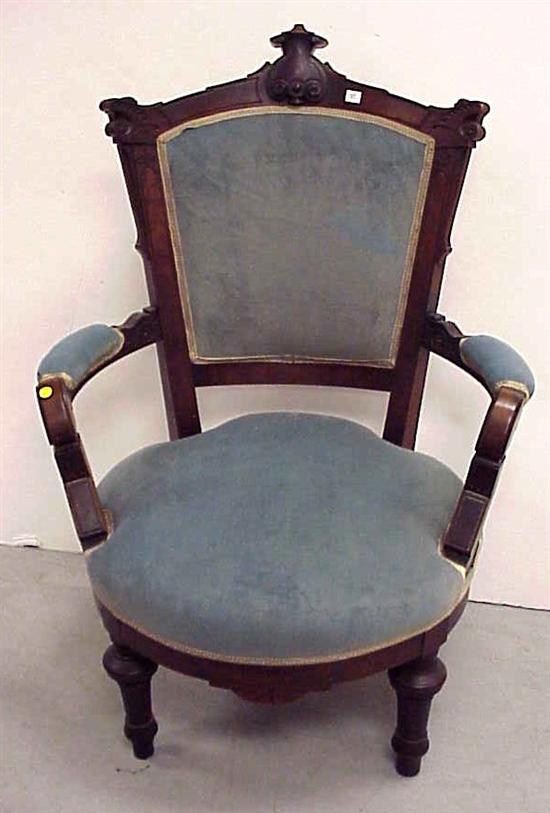 Appraisal: th C Victorian gentleman's open armchair blue upholstery walnut and