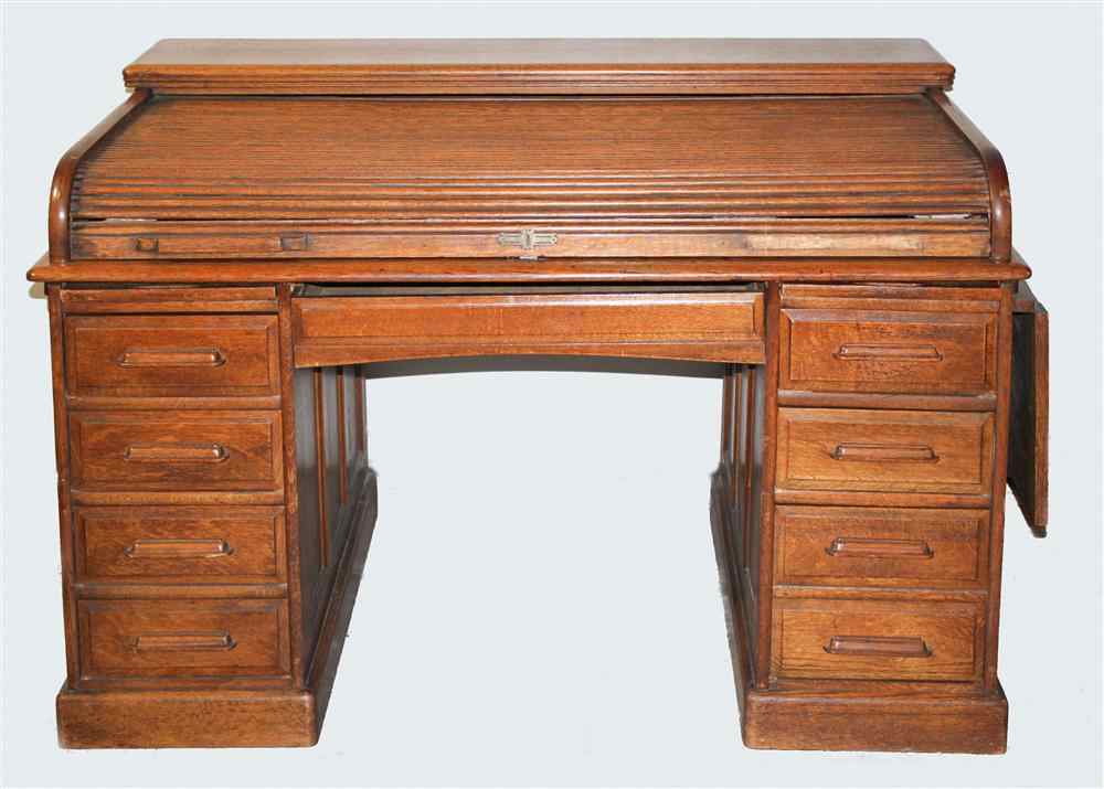 Appraisal: AMERICAN OAK DOUBLE PEDESTAL ROLL TOP DESK C-roll top with