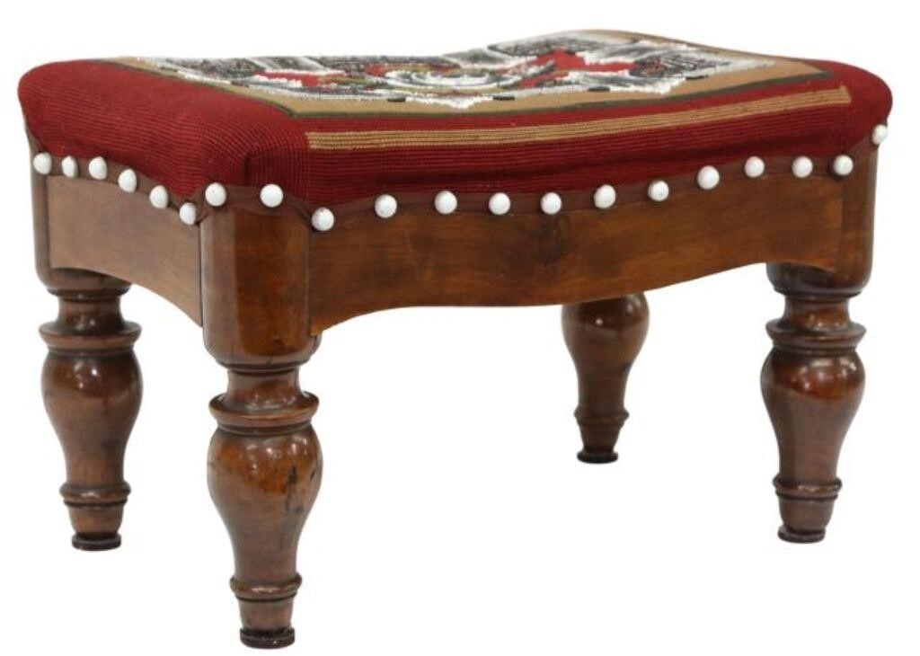 Appraisal: Petite Victorian walnut footstool late th c needlepoint top with