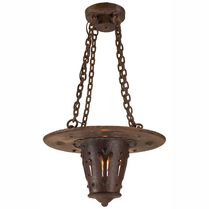 Appraisal: Arts Crafts hanging fixture hammered copper with pierced and cut-out