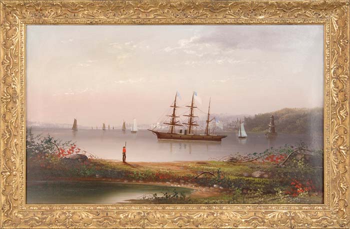 Appraisal: SIGNED th Century AN AMERICAN FRIGATE Oil on canvas harbor