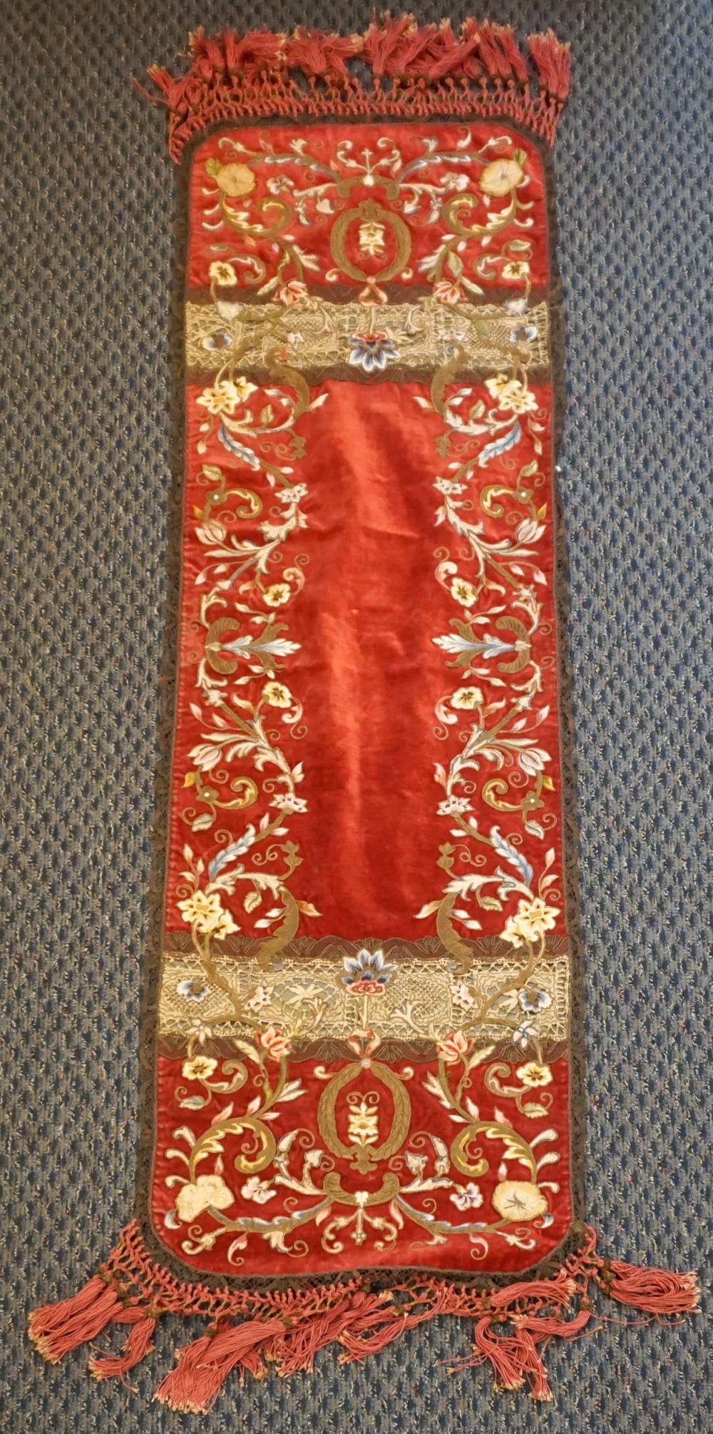 Appraisal: Continental Silk and Metallic Thread Embroidered Rose Velvet Table Runner