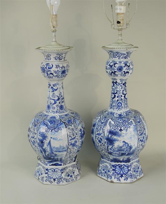 Appraisal: PAIR OF BLUE AND WHITE DELFT VASE LAMPS painted with