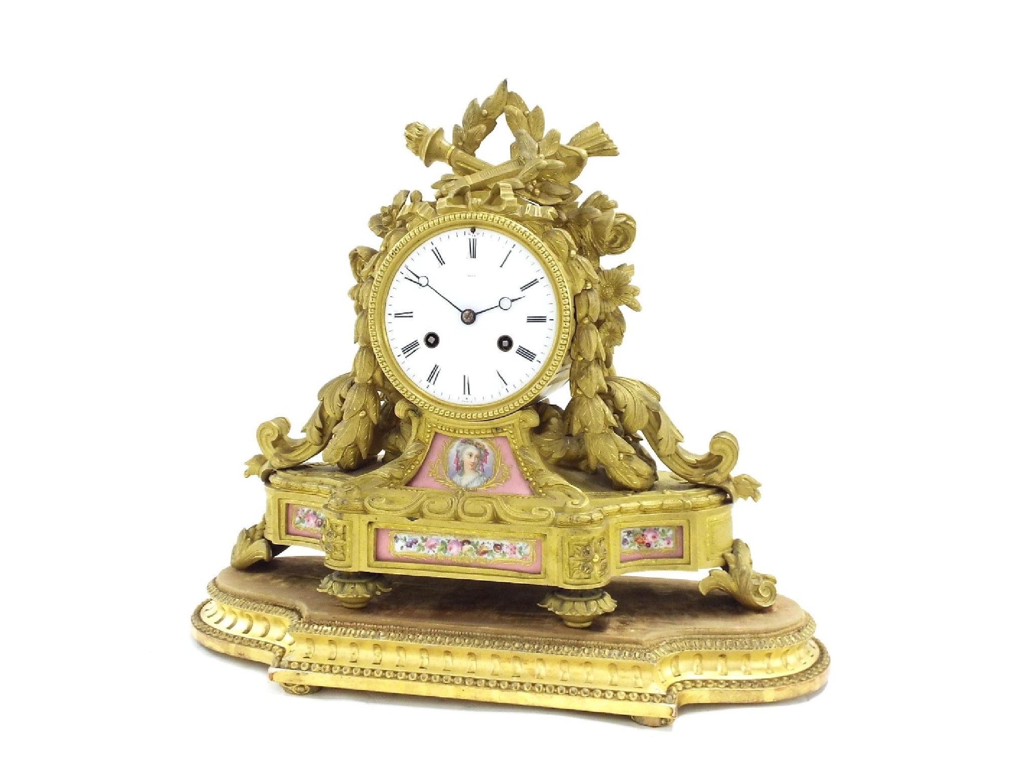 Appraisal: Good French ormolu and porcelain mounted two train mantel clock