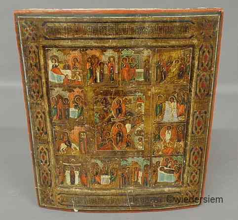 Appraisal: Russian icon curved wood panel th th c with polychrome