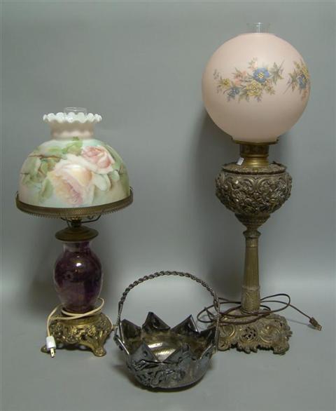 Appraisal: TWO FLORAL GLOBED SHADE LAMPS Together with Quadruple Plate Simpson