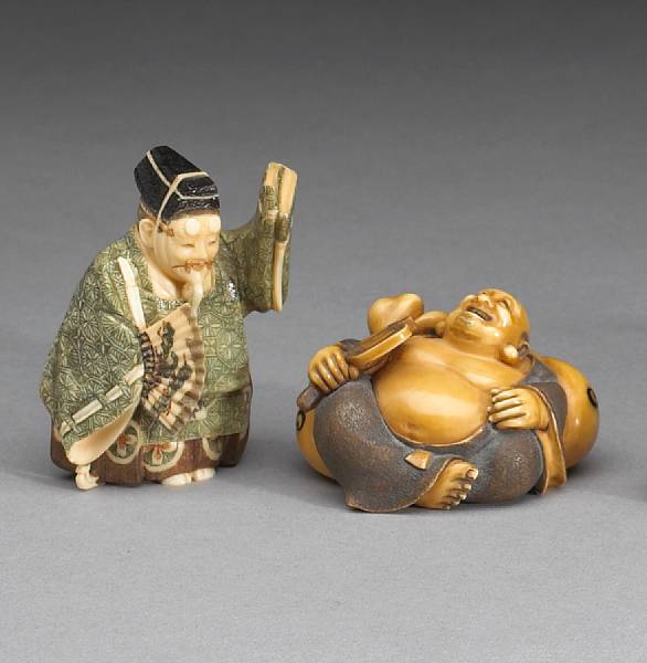 Appraisal: Two contemporary tinted ivory netsuke figural studies The first a