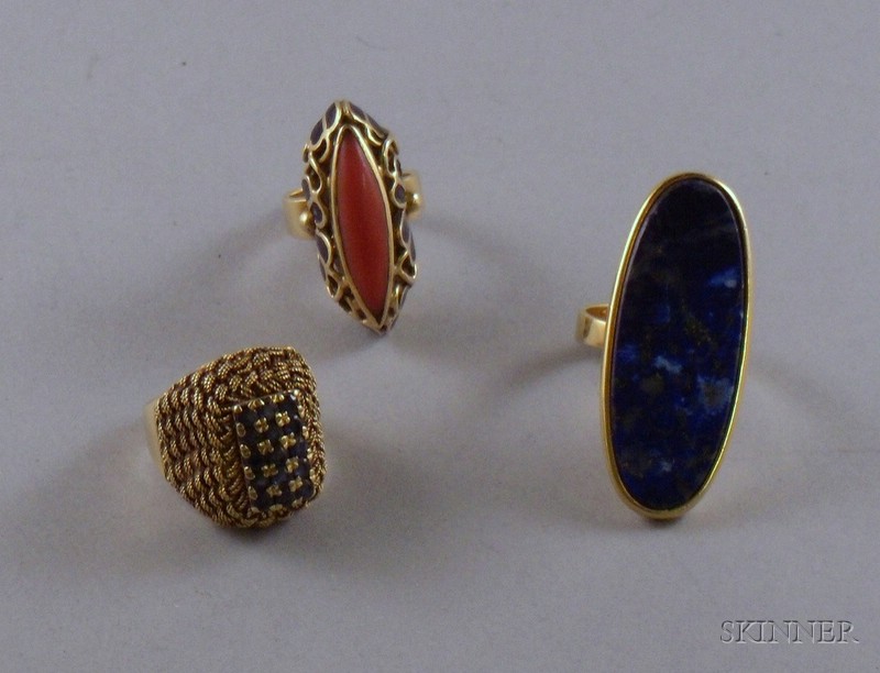 Appraisal: Three kt Gold Rings one with coral and enamel decoration