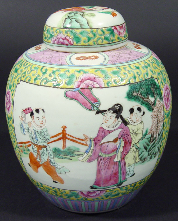 Appraisal: Oriental porcelain jar and cover enamelled with panels of figures