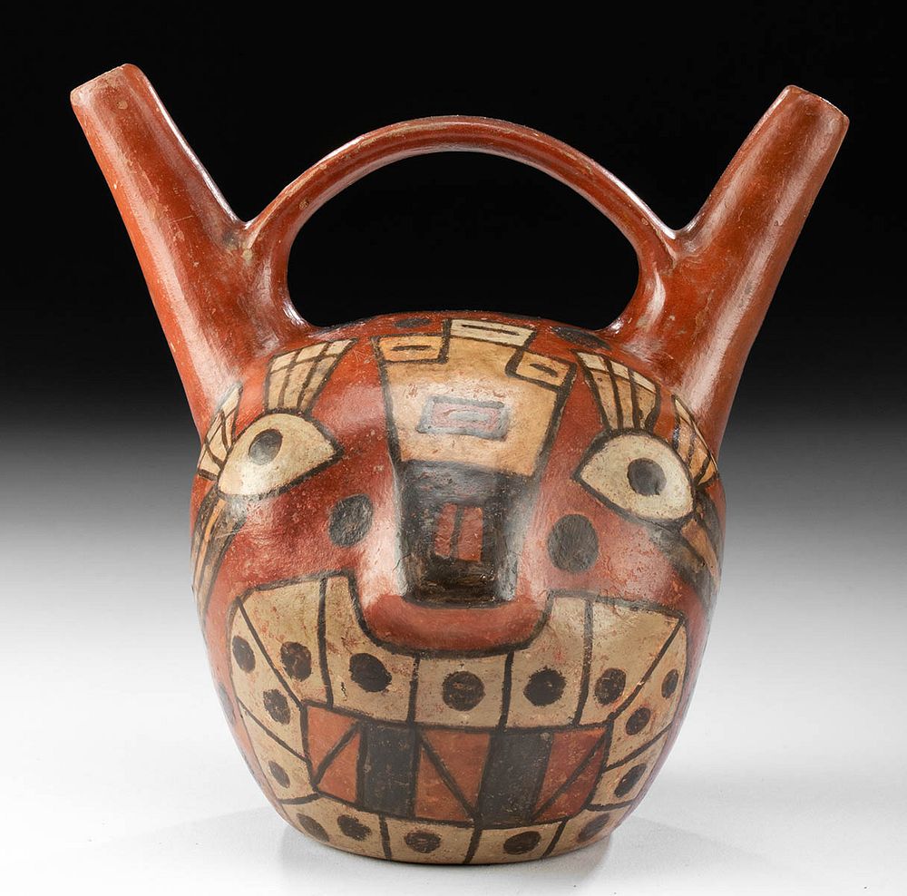 Appraisal: Huari Pottery Stirrup Vessel with Jaguar Head Pre-Columbian Peru Huari