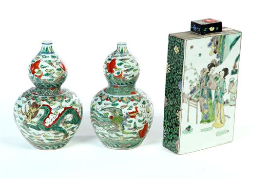 Appraisal: THREE BOTTLES Asian th century Famille Verte Pair of double