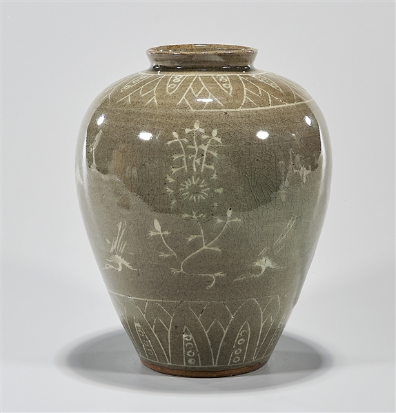 Appraisal: Korean celadon glazed vase with birds and flowers design x