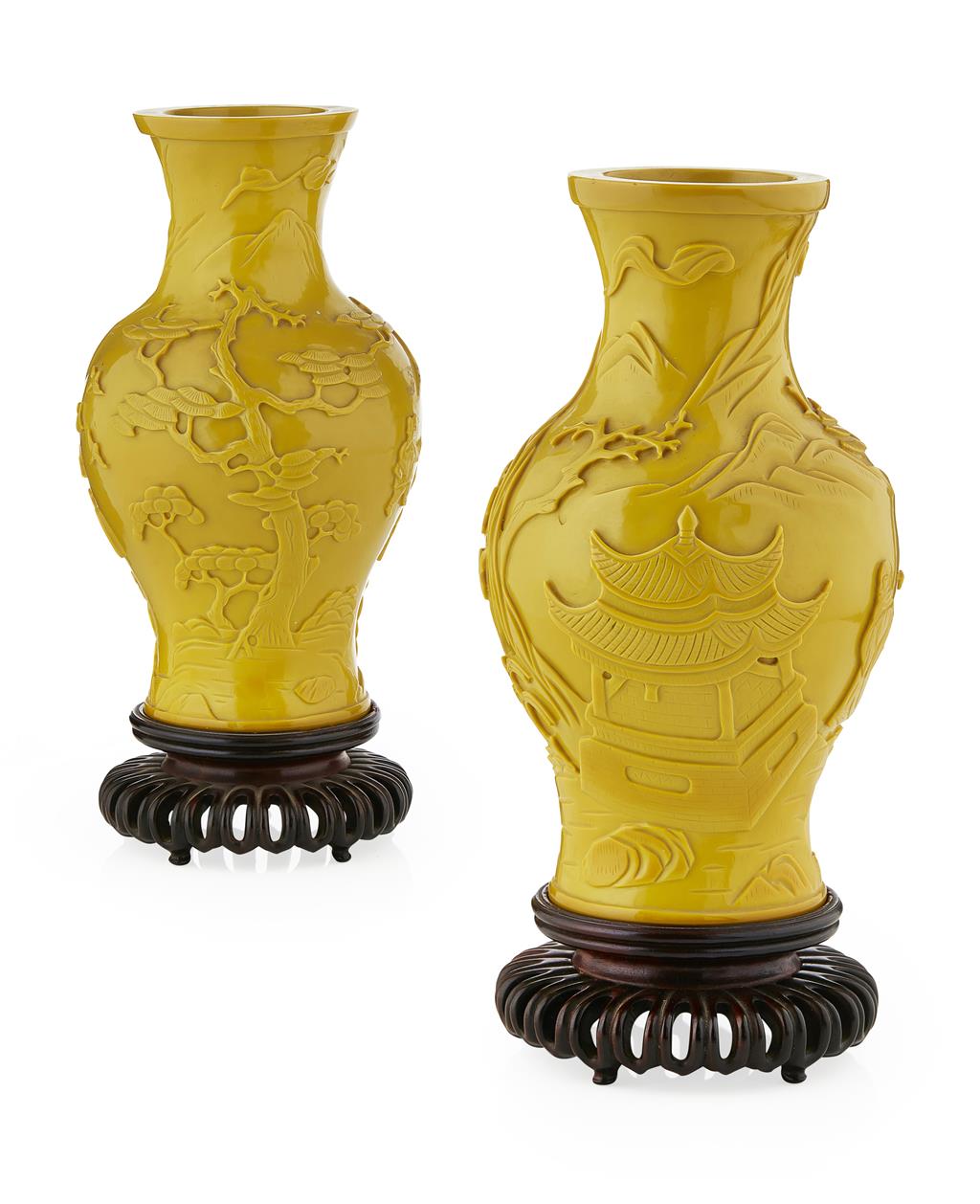 Appraisal: PAIR OF YELLOW MONOCHROME PEKING GLASS VASES TH TH CENTURY