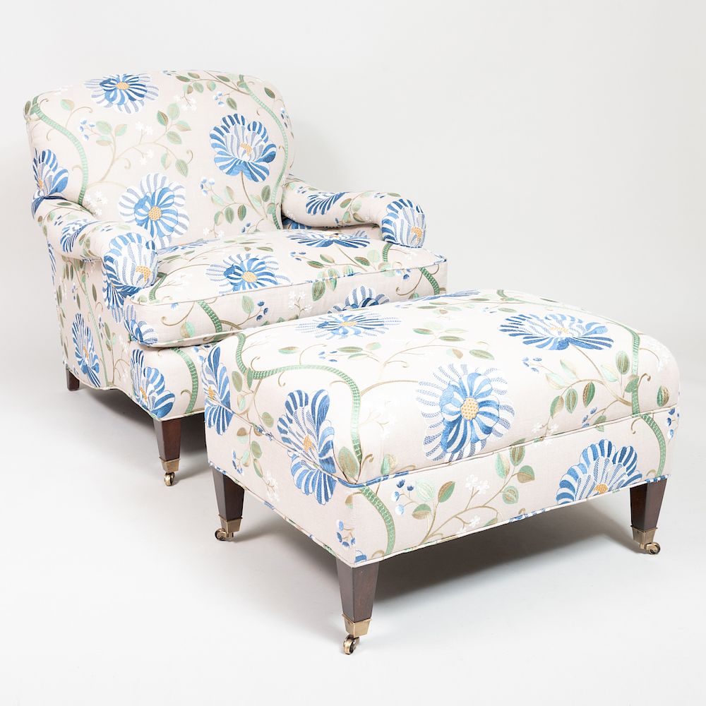 Appraisal: Manuel Canovas Upholstered Club Chair and Ottoman The chair x