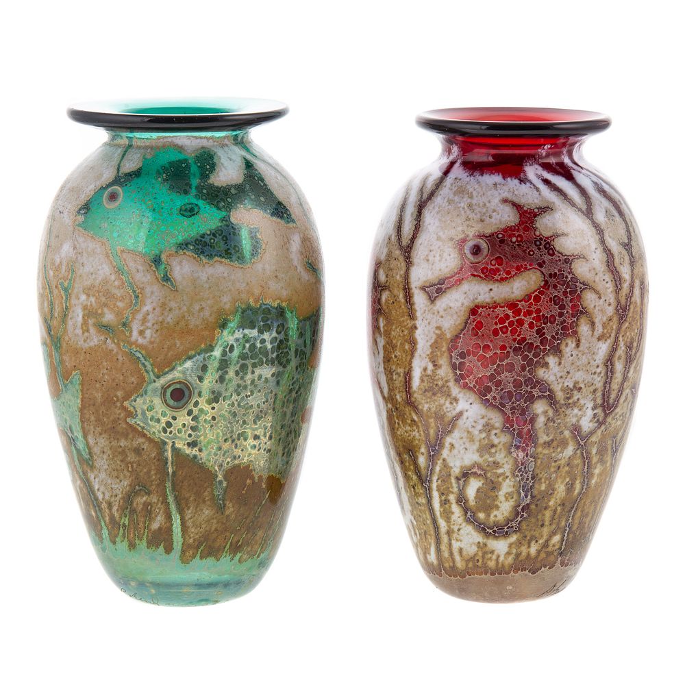 Appraisal: Two Sea Life Art Glass Vases by Paul Bendzunas Ruby