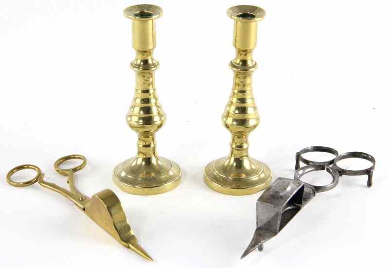 Appraisal: Four Table Articlesincluding pair of cabinet size brass candlesticks th