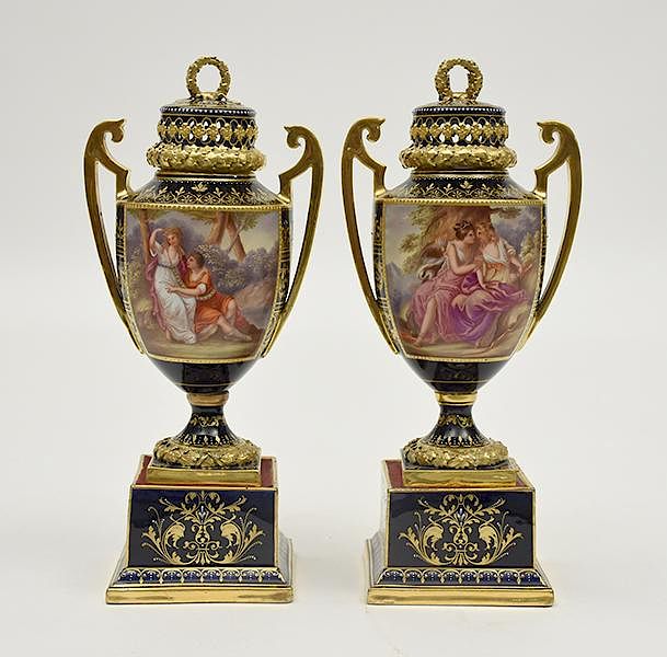 Appraisal: Pair of Royal Vienne covered urns on pedestals Pair of