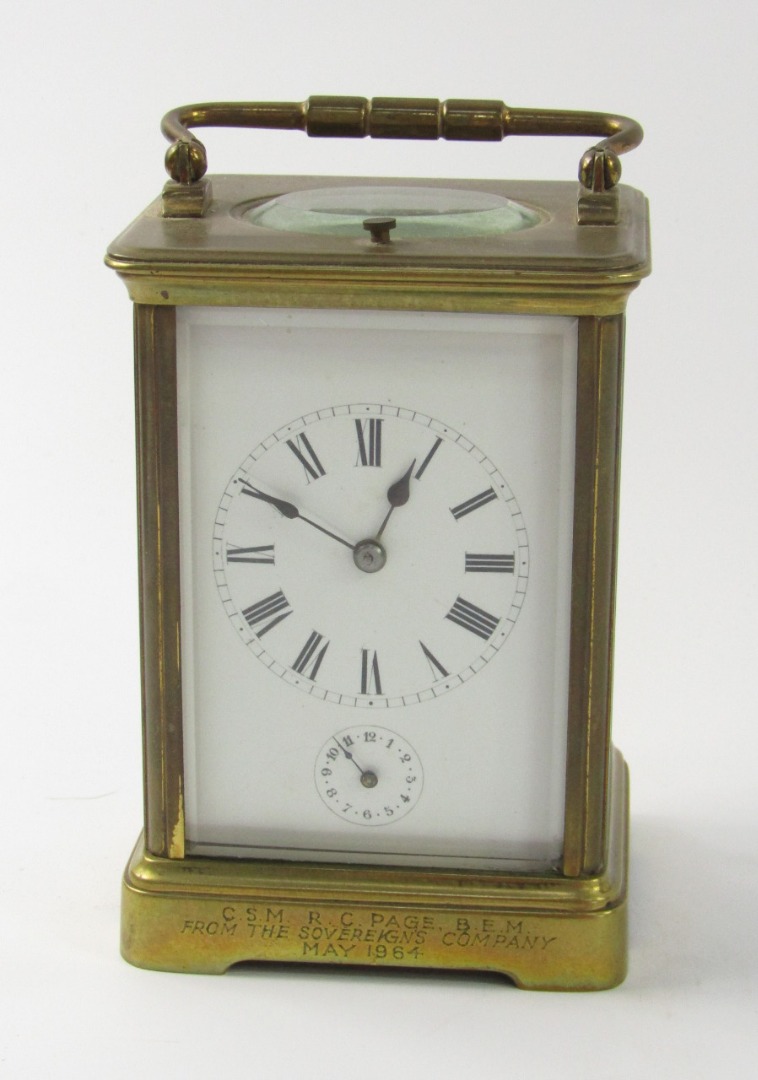 Appraisal: A French brass cased repeater carriage clock R Co white