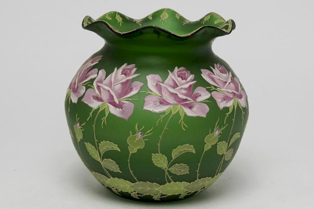 Appraisal: Green Satin Glass Globe Vase w Hand-Painted Roses Satin glass