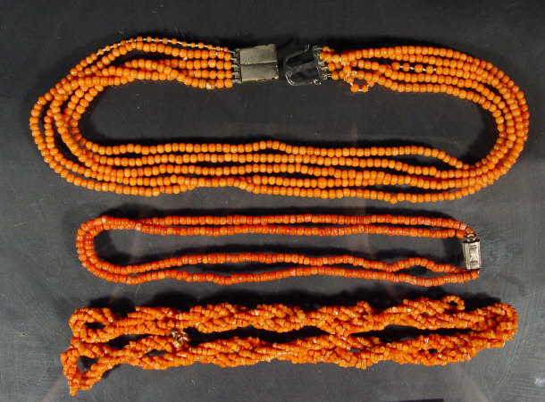 Appraisal: Three coral necklaces