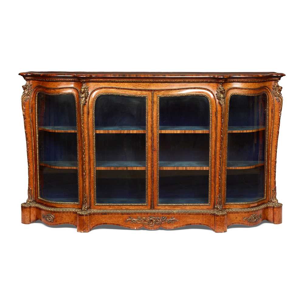 Appraisal: EARLY VICTORIAN KINGWOOD WALNUT AND THUYAWOOD SERPENTINE DISPLAY CABINET MID