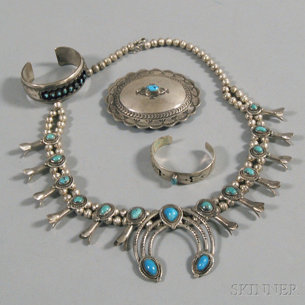 Appraisal: Small Group of Southwestern Silver and Turquoise Jewelry a squash