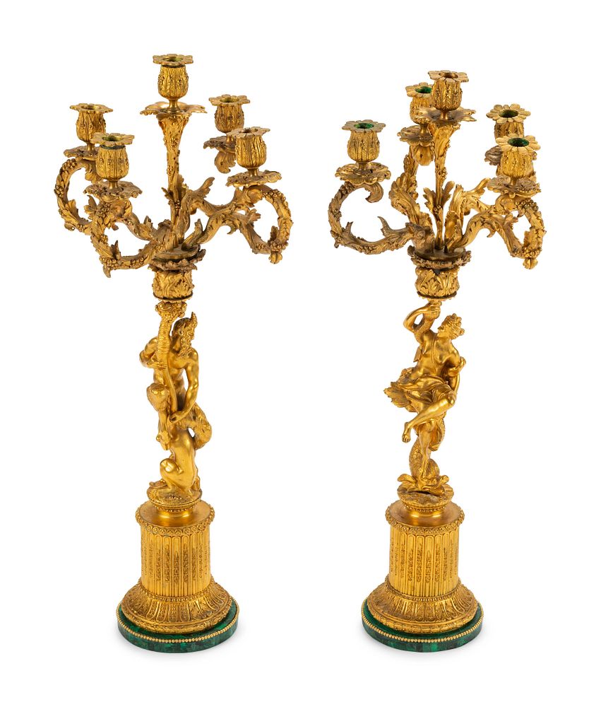 Appraisal: A Pair of Continental Gilt Bronze Figural Five-Light Candelabra with