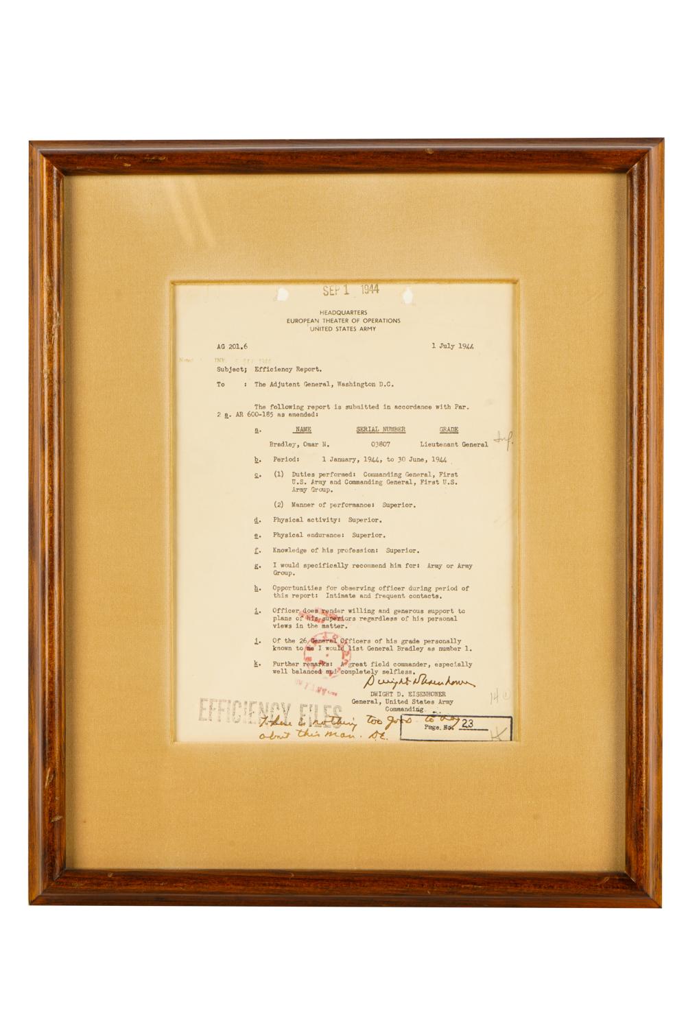 Appraisal: DWIGHT D EISENHOWER SIGNED DOCUMENT OMAR BRADLEYan Efficiency Report on