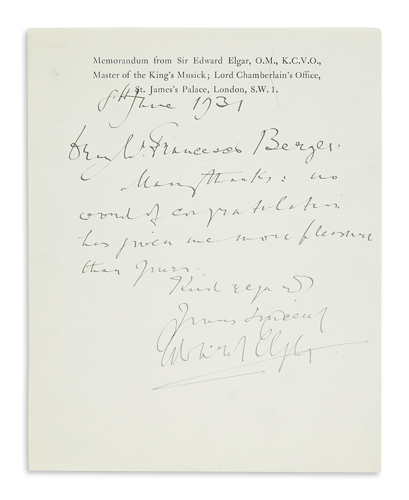 Appraisal: ELGAR EDWARD Brief Autograph Letter Signed Edw W Elgar to