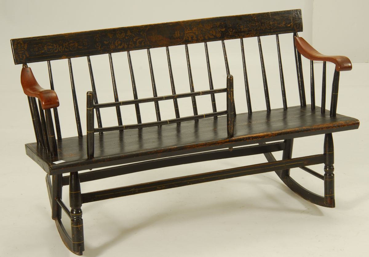 Appraisal: ANTIQUE AMERICAN MAMMY'S BENCH th CenturyIn pine Painted black with