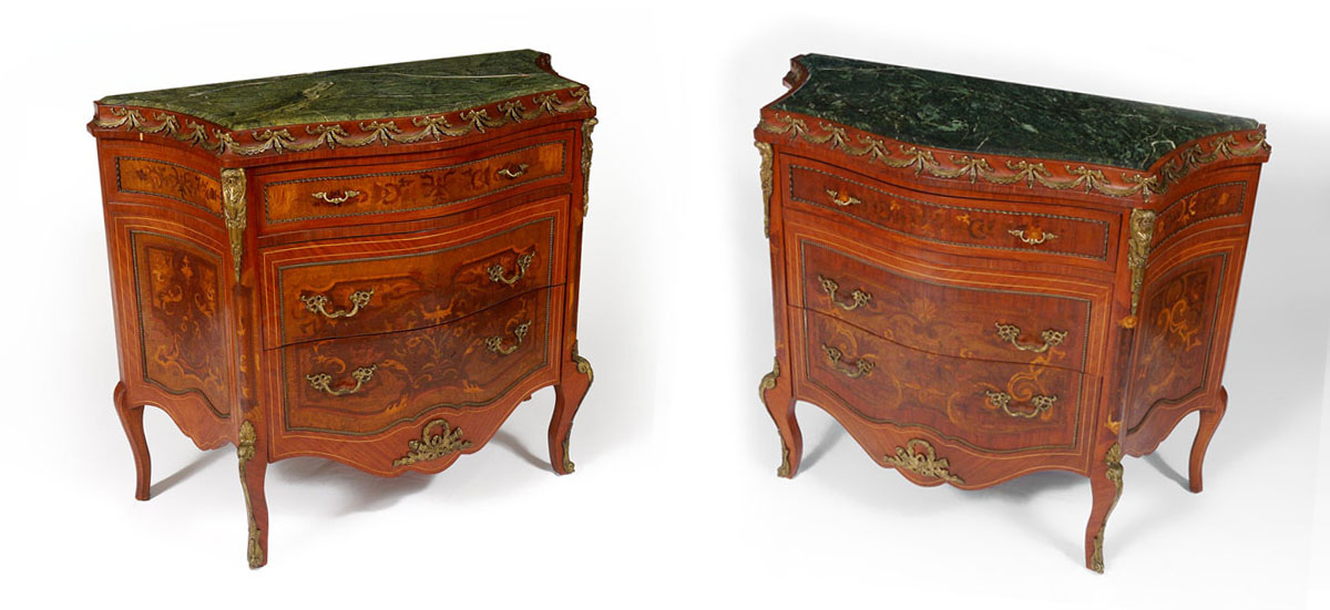 Appraisal: PAIR OF FRENCH STYLE ORMOLU MARBLE TOP BOMBE CHESTS Green