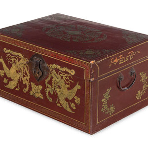 Appraisal: A Chinese Gilt Decorated Red Lacquer Trunk Early th Century