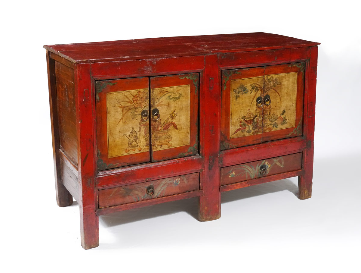 Appraisal: TIBETAN LACQUERED AND PAINTED CABINET Four doors over half length