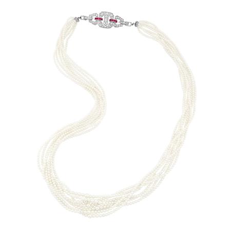 Appraisal: Seven Strand Natural Pearl Necklace with Diamond and Ruby Clasp