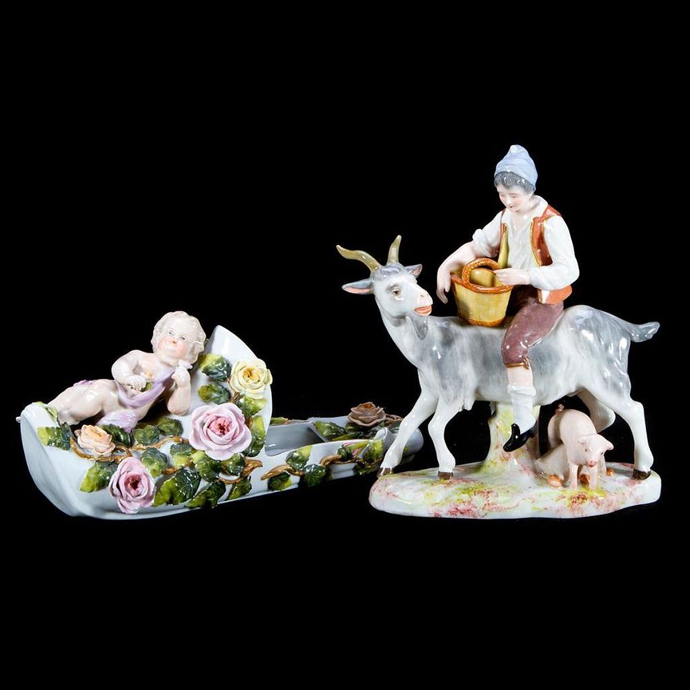 Appraisal: French porcelain peasant and continental slipper A French porcelain peasant