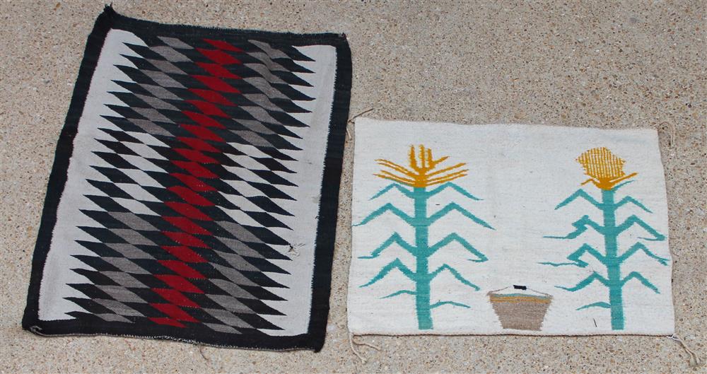 Appraisal: TWO NAVAJO WEAVINGS one pictorial of corn stocks with gathering