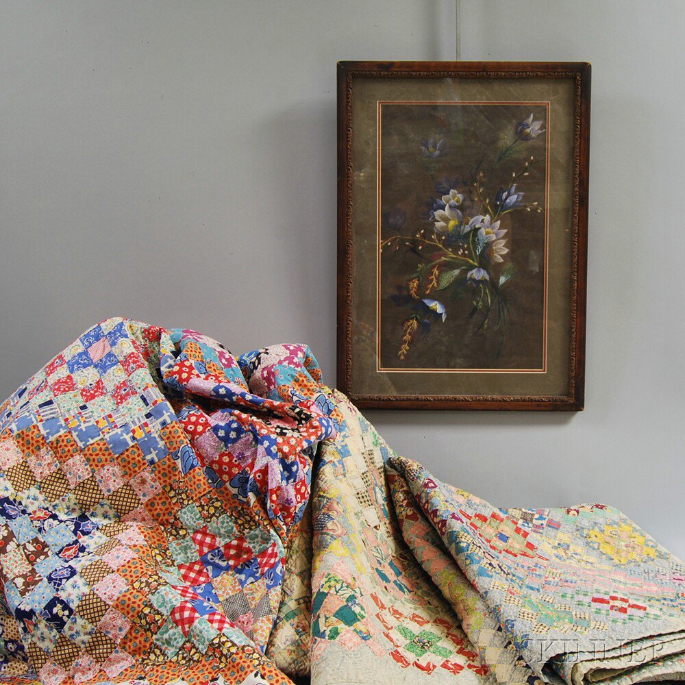 Appraisal: Three Patchwork Quilts and a Framed Pastel of Flowers late