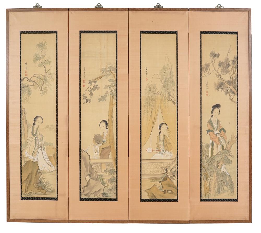 Appraisal: CHINESE FOUR-FOLD SCREENink and colors on silk each panel depicting