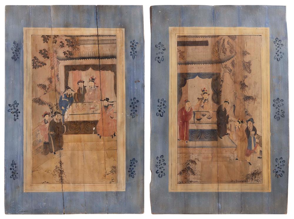 Appraisal: PAIR OF CHINESE FOLK ART PAINTINGS ON WOOD LATE TH