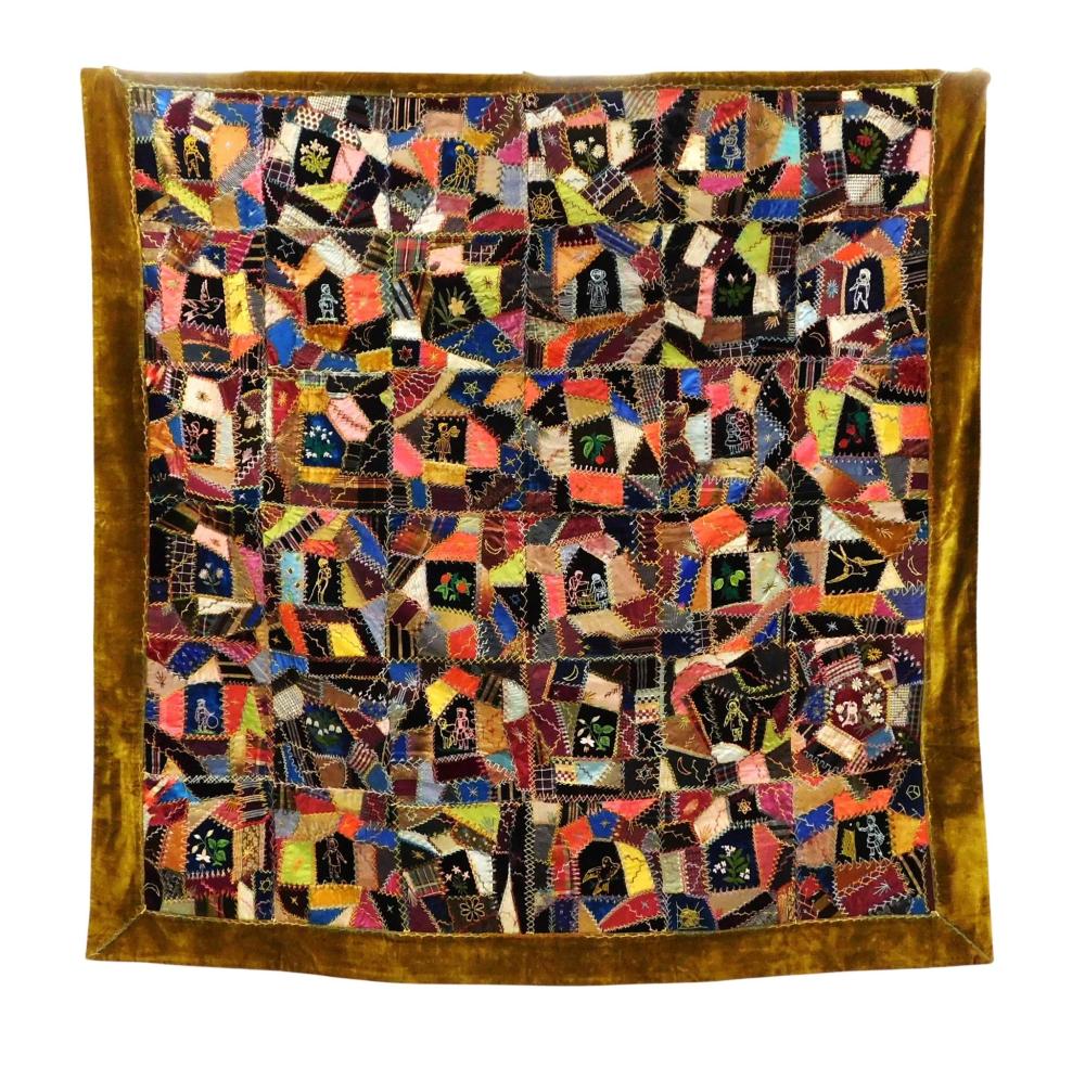 Appraisal: TEXTILE Victorian crazy quilt c gold plush border and embroidery