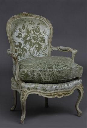 Appraisal: LOUIS XV CARVED AND PAINTED FAUTEUIL The cartouche back with