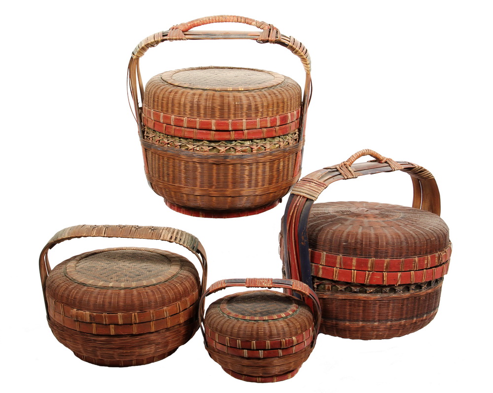 Appraisal: CHINESE BASKETS - Woven Reed Covered Food Carriers early th