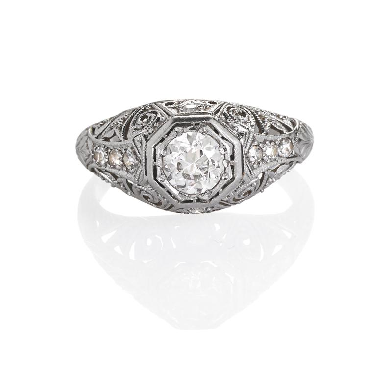 Appraisal: EDWARDIAN DIAMOND PLATINUM LACE RING Steep hand engraved platinum filigree