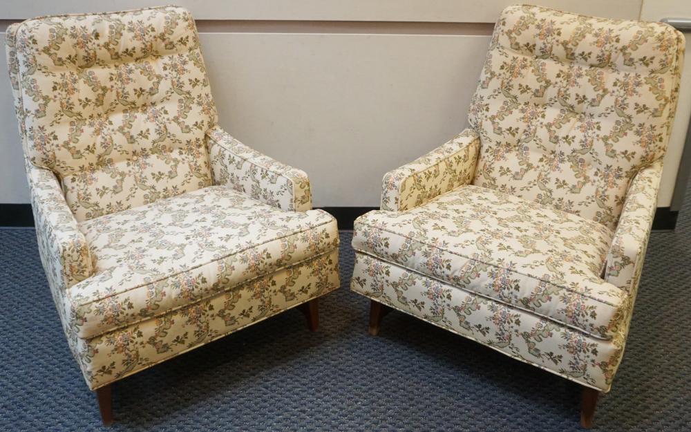 Appraisal: Pair of Mid-Century Modern Fruitwood and Floral Upholstered Lounge Chairs