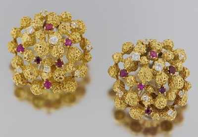 Appraisal: A Pair of Italian k Gold Ruby and Diamond Ear